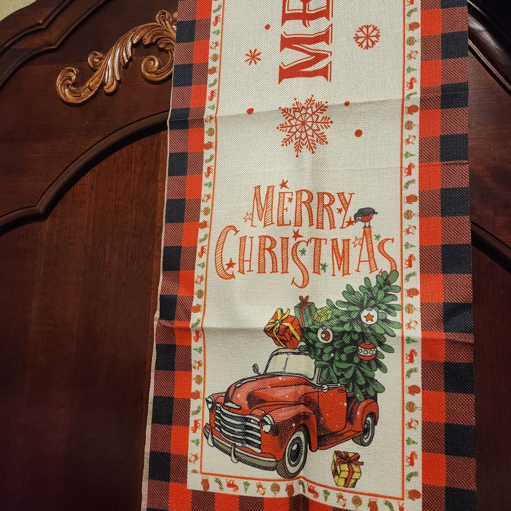 Merry Christmas Table Runner 13 X 72 Linen Red Buffalo Check Vintage Truck NWT - Picture 1 of 3